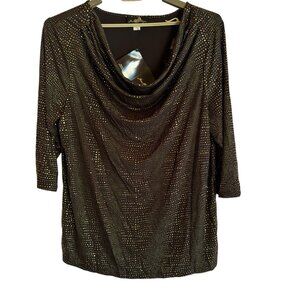Joan Boyce Women’s Top 2X Elegant Long Sleeve Cowl Neck Gold Sparkling Blouse‎